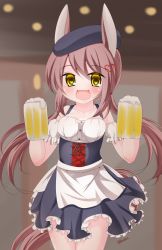 Rule 34 | 1girl, :d, alcohol, animal ears, apron, bare shoulders, beer, beer mug, beret, black hat, black skirt, blurry, blurry background, blush, breasts, brown hair, collarbone, commentary request, cup, depth of field, detached sleeves, dirndl, foam, frilled skirt, frills, german clothes, hair between eyes, hair ornament, hat, heart, heart hair ornament, highres, holding, holding cup, indoors, kanijiru, long hair, looking at viewer, low twintails, medium breasts, mug, oktoberfest, open mouth, original, pleated skirt, puffy short sleeves, puffy sleeves, short sleeves, skirt, smile, solo, tail, twintails, twitter username, very long hair, waist apron, white apron, white sleeves, yellow eyes
