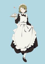 Rule 34 | 1girl, apron, blue eyes, brown hair, cup, dracham, dress, full body, highres, holding, holding tray, long dress, love live!, love live! sunshine!!, maid, maid apron, maid headdress, one eye closed, short hair, simple background, smile, solo, swept bangs, teacup, teapot, tray, watanabe you