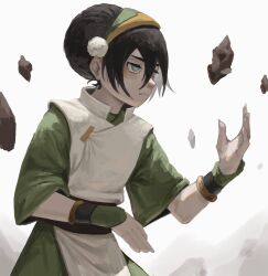 Rule 34 | 1girl, absurdres, avatar: the last airbender, avatar legends, black hair, breasts, cowboy shot, dress, from side, green dress, green hairband, grey eyes, hair between eyes, hair ornament, hairband, hands up, highres, long sleeves, rock, short hair, sleepy ssr, solo, toph bei fong, white background, white dress