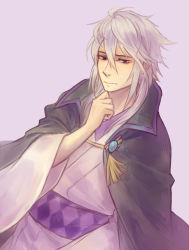 Rule 34 | 1boy, alternate costume, cape, dwyer (fire emblem), fire emblem, fire emblem fates, hasuyawn, japanese clothes, male focus, nintendo, purple background, simple background, solo, white hair