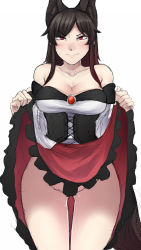 Rule 34 | &gt;:|, 1girl, :|, animal ears, bare shoulders, blouse, blush, breasts, brooch, brown hair, cleavage, closed mouth, clothes lift, collar, collarbone, corset, curvy, dress, female focus, highres, imaizumi kagerou, jewelry, large breasts, long hair, looking at viewer, nicutoka, no panties, off shoulder, pussy juice, red eyes, red skirt, shirt, simple background, skirt, skirt lift, solo, sweat, tail, touhou, v-shaped eyebrows, white shirt, wide hips, wolf ears, wolf tail