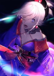 Rule 34 | 1girl, black thighhighs, blue eyes, blue kimono, breasts, chiicoo, choker, earrings, fate/grand order, fate (series), hair between eyes, hair ornament, hair over one eye, highres, holding, holding sword, holding weapon, japanese clothes, jewelry, katana, kimono, long hair, magatama, magatama necklace, medium breasts, miyamoto musashi (fate), miyamoto musashi (third ascension) (fate), necklace, open mouth, short hair, silver hair, solo, sword, thighhighs, weapon