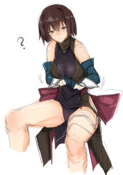 Rule 34 | 1girl, ?, bare shoulders, blush, breasts, brown eyes, brown hair, cameltoe, cosplay, dressing, elbow gloves, gloves, hyuuga (kancolle), kantai collection, large breasts, leotard, rib:y(uhki), samurai spirits, shiki (samurai spirits), shiki (samurai spirits) (cosplay), short hair, simple background, sitting, solo, taut clothes, white background