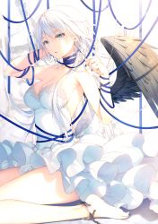 Rule 34 | 1girl, absurdres, angel wings, ankle cuffs, arm up, armpits, bare shoulders, barefoot, blue eyes, blue nails, blue ribbon, breasts, chain, choker, cleavage, collarbone, dress, earrings, feathered wings, hand up, highres, jewelry, large breasts, layered dress, long hair, looking at viewer, nail polish, original, parted lips, ribbon, ribbon choker, scan, single wing, sitting, sleeveless, sleeveless dress, solo, strapless, strapless dress, thighs, toenail polish, toenails, toosaka asagi, very long hair, white dress, white hair, wings