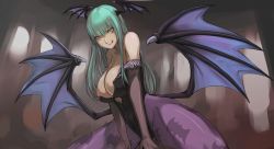 Rule 34 | 1girl, :d, :p, animal print, bad id, bad pixiv id, bare shoulders, bat print, breasts, capcom, cleavage, from side, green eyes, green hair, head wings, large breasts, long hair, low wings, matching hair/eyes, morrigan aensland, open mouth, pantyhose, patterned legwear, print pantyhose, purple pantyhose, smile, solo, spread legs, tea (nakenashi), thick thighs, thighs, tongue, tongue out, vampire (game), wide hips, wings