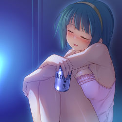 Rule 34 | 1girl, armpits, bare shoulders, beer can, blush, breast press, breasts, can, closed eyes, drink can, drunk, green hair, hairband, idolmaster, idolmaster (classic), large breasts, mole, mole under mouth, otonashi kotori, racer (magnet), sideboob, smile, solo