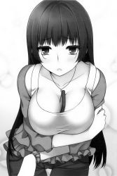 Rule 34 | 1girl, absurdres, bent over, between breasts, blush, breast hold, breasts, cleavage, collarbone, female focus, greyscale, highres, jacket, jewelry, large breasts, long hair, looking at viewer, monochrome, necklace, off shoulder, open mouth, ore ga ojou-sama gakkou ni &quot;shomin sample&quot; toshite rachirareta ken, scan, solo, uruu gekka, watch, wristwatch