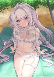 Rule 34 | 1girl, ahoge, bare shoulders, bikini, blush, breasts, fate/grand order, fate (series), frilled bikini, frills, highres, ichi kq, lady avalon (fate), lady avalon (second ascension) (fate), long hair, looking at viewer, medium breasts, merlin (fate/prototype), smile, solo, swimsuit, white bikini, white hair