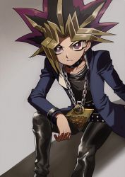 Rule 34 | 1boy, aoki (fumomo), belt, black belt, black hair, black pants, black shirt, blonde hair, blue coat, closed mouth, coat, collar, collarbone, dyed bangs, frown, grey background, jewelry, long sleeves, looking at viewer, male focus, millennium puzzle, multicolored hair, muto yugi, necklace, open clothes, open coat, pants, purple eyes, purple hair, red hair, shirt, sitting, solo, spiked hair, yu-gi-oh!