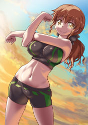 Rule 34 | 1girl, abs, aokihoshi, bare shoulders, bike shorts, bow, breasts, brown eyes, brown hair, cloud, cowboy shot, hair bow, highres, large breasts, long hair, looking at viewer, midriff, navel, ponytail, short shorts, shorts, smile, solo, sports bra, thighs, track and field