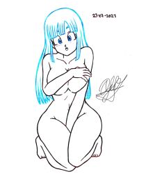 Rule 34 | 1girl, 2021, alternate breast size, arm support, artist request, bare legs, barefoot, blue eyes, blue hair, breasts, completely nude, covering privates, covering breasts, cowboy shot, curvy, dated, dragon ball, dragonball z, female focus, full body, kneeling, large breasts, long hair, looking at viewer, maron (dragon ball), matching hair/eyes, navel, nude, simple background, solo, toes, traditional media, white background