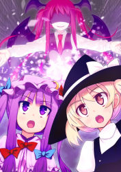 Rule 34 | 3girls, akino sora, alternate hairstyle, bat wings, blonde hair, female focus, hat, head wings, kirisame marisa, koakuma, long hair, looking up, multiple girls, no eyes, open mouth, outstretched arms, patchouli knowledge, pink eyes, purple eyes, purple hair, red hair, shaded face, short hair, spread arms, embodiment of scarlet devil, touhou, twintails, upper body, wings, witch, witch hat, yellow eyes