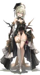 Rule 34 | 1girl, absurdres, armpits, bare shoulders, black dress, breasts, breasts apart, bridal gauntlets, brooch, brown leotard, center opening, circlet, covered navel, crossed legs, detached collar, detached sleeves, dress, elf, fangs, freng, frills, full body, green eyes, grey hair, hat, high heels, highres, jewelry, legs, leotard, lifting own clothes, long dress, long skirt, looking at viewer, mini wings, monocle, mortarboard, open mouth, original, pointy ears, puffy short sleeves, puffy sleeves, revealing clothes, revision, short hair, short sleeves, showgirl skirt, single thighhigh, skirt, sleeveless, sleeveless dress, small breasts, smile, solo, standing, thigh strap, thighhighs, thighs, watson cross, white thighhighs, wings