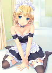 Rule 34 | 1girl, apron, armband, bare shoulders, black thighhighs, blonde hair, blue eyes, blush, breasts, cleavage, collarbone, curtains, detached sleeves, dress, female focus, frills, full body, garter straps, highres, indoors, long legs, looking at viewer, maid, maid apron, maid headdress, medium breasts, n.g., no shoes, original, shiny skin, short hair, sitting, skirt, smile, solo, strapless, strapless dress, thighhighs, v arms, wariza