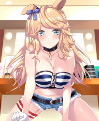 Rule 34 | 1girl, absurdres, animal ears, bad id, bad pixiv id, bandeau, bare arms, bare shoulders, belt, black belt, black choker, blonde hair, blue bow, blue eyes, blush, bow, breasts, chinese commentary, choker, cleavage, collarbone, commentary request, cutoffs, denim, denim shorts, gloves, gold city (umamusume), hair bow, highres, horse ears, indoors, large breasts, long hair, looking at viewer, midriff, navel, partial commentary, qing yunyi, short shorts, shorts, single glove, smile, solo, spread legs, stomach, strapless, striped bandeau, swept bangs, thigh strap, thighs, tube top, umamusume, very long hair, white gloves