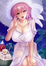 Rule 34 | 1girl, alternate costume, bracelet, breasts, cleavage, dress, drinking straw, hand on lap, highres, jewelry, large breasts, looking at viewer, necklace, open mouth, pink eyes, pink hair, saigyouji yuyuko, saigyouji yuyuko (seamless swimsuit ghost), see-through, short hair, short sleeves, shounen (hogehoge), solo, teeth, touhou, touhou lostword, upper teeth only, variant set, white dress, white headwear