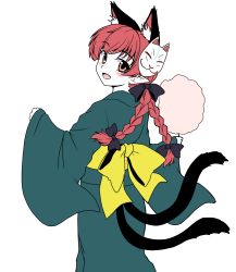 Rule 34 | 1girl, :d, alternate costume, animal ears, braid, cat ears, cat tail, cotton candy, fox mask, isaki (gomi), japanese clothes, kaenbyou rin, kimono, long hair, long sleeves, looking at viewer, looking back, mask, obi, open mouth, pointy ears, red eyes, red hair, sash, smile, tail, touhou, twin braids, wide sleeves, yukata