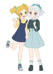 Rule 34 | 2girls, :d, absurdres, aikatsu!, aikatsu! (series), black footwear, blonde hair, blue bow, blue dress, blue footwear, blue skirt, bow, character request, closed mouth, dress, eye contact, green bow, green eyes, green legwear, grey hair, grey shirt, hair bow, highres, holding hands, long sleeves, looking at another, medium hair, multiple girls, open mouth, pinafore dress, polka dot, polka dot bow, ponytail, red eyes, round teeth, sekina, shirt, shoes, skirt, sleeveless, sleeveless dress, smile, socks, standing, standing on one leg, strap slip, striped clothes, striped legwear, striped socks, teeth, twintails, upper teeth only, white socks, yellow shirt