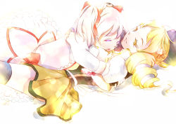 Rule 34 | 10s, 2girls, asato (asa1027), blonde hair, bow, closed eyes, colored eyelashes, drill hair, eyelashes, hair bow, hair ribbon, hand on head, hat, hug, kaname madoka, long hair, lying, lying on person, magical girl, mahou shoujo madoka magica, mahou shoujo madoka magica (anime), multiple girls, on person, open mouth, pink hair, ribbon, short hair, short twintails, smile, tears, thighhighs, tomoe mami, twintails, yellow eyes