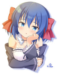 Rule 34 | 1girl, :o, bare shoulders, black jacket, blue eyes, blue hair, blush, borrowed character, bow, breasts, cleavage, commentary request, cropped torso, frilled sleeves, frills, hair between eyes, hair bow, hand up, jacket, kaiware-san, long sleeves, looking at viewer, medium breasts, off shoulder, orange bow, original, parted lips, red bow, shadow, signature, sleeves past wrists, solo, upper body, white background