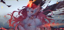 Rule 34 | 1girl, afk arena, artist name, breasts, cleavage, feathered wings, head wings, highres, large breasts, long hair, open mouth, red hair, reiko lape, solo, talene (afk arena), watermark, web address, wings