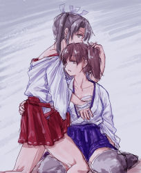 Rule 34 | 10s, 2girls, ass, ass grab, bad id, bad pixiv id, bare legs, bare shoulders, blue skirt, blush, grabbing another&#039;s breast, brown hair, collarbone, female focus, gmgt (gggggg3), grabbing, grey hair, hair ribbon, hand on another&#039;s chest, hand on another&#039;s head, hug, japanese clothes, kaga (kancolle), kantai collection, kneehighs, kneeling, legs, long hair, looking at viewer, looking to the side, multiple girls, neck, off shoulder, parted lips, red skirt, ribbon, sarashi, short hair, side ponytail, sitting, skirt, socks, thighhighs, twintails, wariza, yuri, zuikaku (kancolle)