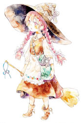 Rule 34 | 1girl, apron, bag, black cat, black hat, boots, bow, braid, broom, brown dress, brown footwear, cat, commentary request, dress, full body, green bag, hair bow, hat, holding, holding broom, long hair, moekon, original, painting (medium), pinafore dress, pink eyes, pink hair, shoulder bag, simple background, sleeveless, sleeveless dress, standing, striped bow, tachi-e, traditional media, twin braids, watercolor (medium), white apron, white background, witch, witch hat
