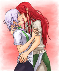 Rule 34 | 2girls, bad id, bad pixiv id, braid, closed eyes, couple, female focus, french kiss, from side, hong meiling, izayoi sakuya, kiss, light purple hair, long hair, multiple girls, no headwear, open mouth, red hair, short hair, short sleeves, standing, tongue, tongue out, touhou, umaco, yuri
