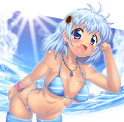 Rule 34 | 1girl, :d, ass, bare shoulders, bikini, blue eyes, blue hair, blush, breasts, cloud, dark-skinned female, dark skin, day, earrings, fang, fisheye, hair ornament, hairclip, hase yu, jewelry, large breasts, lens flare, light rays, looking at viewer, matching hair/eyes, necklace, open mouth, original, shiny skin, short hair, skindentation, sky, smile, solo, strap gap, striped bikini, striped clothes, sunbeam, sunlight, swimsuit, thighhighs