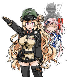 Rule 34 | 1boy, 2girls, ^ ^, blonde hair, breasts, closed eyes, commentary, cross, dutchko, closed eyes, false smile, girls&#039; frontline, gloves, hk23 (girls&#039; frontline), holster, iron cross, israel defense forces, large breasts, long hair, multiple girls, negev (girls&#039; frontline), pink hair, purple eyes, salute, shaded face, skirt, smile, straight-arm salute, thigh holster, thighhighs