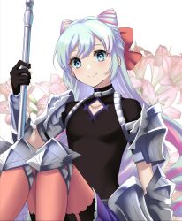 Rule 34 | 1boy, armor, black shirt, blue eyes, blue hair, commentary request, cone hair bun, feet out of frame, fire emblem, fire emblem engage, hair bun, highres, holding, kakiko210, knee pads, knees up, long hair, looking at viewer, male focus, nintendo, pink thighhighs, rosado (fire emblem), shirt, shoulder armor, sitting, smile, solo, thighhighs, trap, very long hair
