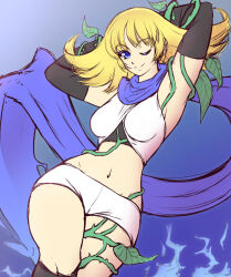 Rule 34 | 1girl, arms behind head, blonde hair, blue background, blue eyes, blue scarf, breasts, electricity, gradient background, kid icarus, kid icarus uprising, leaf, looking at viewer, mazume, medium breasts, midriff, navel, nintendo, one eye closed, phosphora, plant, scarf, shorts, solo, vines, white shorts