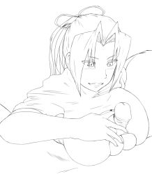 Rule 34 | 1girl, blush, breasts, cleavage, greyscale, hair ribbon, huge breasts, kazehana, lineart, maydrawfag, monochrome, original, paizuri, paizuri under clothes, penis, penis under another&#039;s clothes, ponytail, ribbon, sekirei, solo focus, uncensored