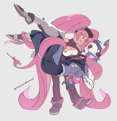 Rule 34 | 1boy, 1girl, absurdly long hair, blush, boots, breasts, carrying, cleavage, entrapta, grey background, hordak, long hair, looking at another, mask, mask on head, masters of the universe, monster boy, open mouth, pointy ears, prehensile hair, princess carry, purple hair, red eyes, she-ra and the princesses of power, smile, twintails, very long hair, welding mask, yutaka7