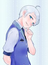 Rule 34 | 1boy, ahoge, arm behind back, artist request, bad id, bad twitter id, blue eyes, grin, looking at viewer, male focus, necktie, rwby, sleeveless, smile, solo, white hair, whitley schnee