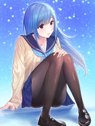 Rule 34 | absurdres, arjent, arm at side, black footwear, blue background, blue hair, blue neckwear, blue sailor collar, blue skirt, blush, brown pantyhose, closed mouth, commentary, convenient leg, full body, gradient background, hand on own knee, head tilt, highres, knees up, light particles, loafers, long hair, long sleeves, miniskirt, original, pantyhose, purple eyes, sailor collar, school uniform, serafuku, shoes, sitting, skirt, sleeves past wrists, smile, solo, sweater, symbol-only commentary, very long hair, yellow sweater