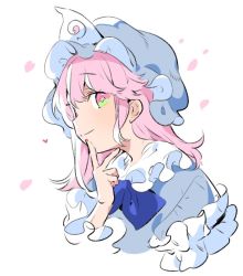 Rule 34 | 1girl, akagashi hagane, blue hat, bow, cherry blossoms, cropped torso, finger to own chin, frills, hat, japanese clothes, looking at viewer, mob cap, nail polish, petals, pink eyes, pink hair, profile, saigyouji yuyuko, sideways glance, simple background, smile, solo, touhou, triangular headpiece, upper body, white background