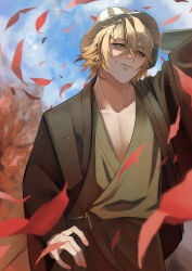 Rule 34 | 1boy, absurdres, arm behind head, autumn, bleach, blonde hair, blue sky, brown eyes, collarbone, falling leaves, fingernails, hand on own hip, highres, japanese clothes, leaf, light particles, male focus, outdoors, pectoral cleavage, pectorals, short hair, signature, sky, smile, striped clothes, striped headwear, tebeneme3, urahara kisuke, wide sleeves