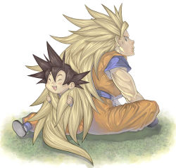 Rule 34 | 2boys, age difference, back-to-back, black hair, blonde hair, blush, child, closed eyes, crossed legs, dougi, dragon ball, dragonball z, father and son, grabbing another&#039;s hair, grass, green eyes, happy, katsutake, laughing, long hair, male focus, multiple boys, no eyebrows, open mouth, sitting, smile, son goku, son goten, spiked hair, super saiyan, super saiyan 3