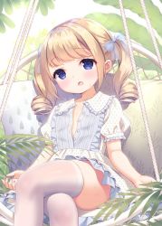 Rule 34 | 1girl, :o, blue bow, blue eyes, blush, bow, chitosezaka suzu, collarbone, collared dress, commentary request, crossed legs, dress, frilled dress, frilled shirt collar, frilled sleeves, frills, hair bow, head tilt, light brown hair, long hair, looking at viewer, open clothes, open dress, open mouth, original, puffy short sleeves, puffy sleeves, ringlets, see-through, short sleeves, sidelocks, sitting, solo, thighhighs, twintails, unbuttoned, white dress, white thighhighs