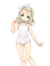 Rule 34 | 1girl, blonde hair, brown eyes, feet out of frame, flat chest, green eyes, grin, hairband, highres, i-504 (kancolle), kantai collection, luigi torelli (kancolle), one-piece swimsuit, school swimsuit, simple background, smile, solo, swimsuit, v, white background, white hairband, white one-piece swimsuit, yashin (yasinz)