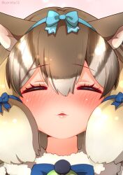 Rule 34 | 1girl, animal ears, blush, brown hair, chipmunk ears, chipmunk girl, closed eyes, coroha, extra ears, highres, kemono friends, kemono friends v project, looking at viewer, microphone, multicolored hair, pink background, ribbon, scarf, short hair, siberian chipmunk (kemono friends), simple background, solo, two-tone hair, virtual youtuber, white hair