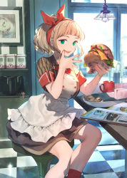 Rule 34 | 1girl, apron, black skirt, blonde hair, bow, brown shirt, burger, character request, chips (food), copyright request, cup, feet out of frame, food, glass door, green eyes, hair bow, hanging light, highres, holding, holding food, looking at viewer, menu, mug, okeno kamoku, open mouth, painting (object), red bow, shirt, short sleeves, skirt, smile, solo, striped clothes, striped shirt, table, vertical-striped clothes, vertical-striped shirt, white apron