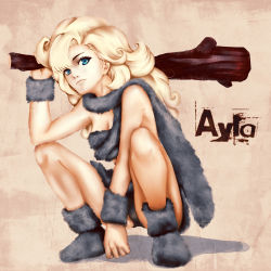 Rule 34 | 1990s (style), 1girl, ayla (chrono trigger), bad id, bad pixiv id, blonde hair, blue eyes, chrono (series), chrono trigger, club (weapon), highres, infinote, long hair, solo, squatting, weapon