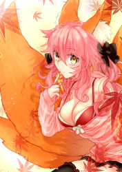 Rule 34 | 10s, 1girl, animal ears, bare shoulders, bow, breasts, cleavage, fate/extra, fate (series), finger to mouth, fox ears, fox tail, hair bow, hair ribbon, official alternate costume, pink hair, ribbon, skirt, solo, sunday31, tail, tamamo no mae (fate/extra), tamamo no mae (spring casual) (fate), thighhighs, twintails, yellow eyes