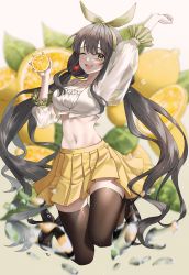 Rule 34 | 1girl, ;d, absurdres, arm up, black footwear, black hair, blouse, blurry, breasts, brown thighhighs, cleavage, crop top, food, fruit, hair ribbon, hand up, highres, holding, jisu lee, large breasts, legs up, lemon, lemon slice, long hair, long sleeves, looking at viewer, mary janes, midriff, miniskirt, navel, one eye closed, open mouth, original, pleated skirt, ribbon, see-through, see-through sleeves, shirt, shoes, skirt, smile, solo, stomach, thighhighs, twintails, very long hair, white shirt, yellow eyes, yellow skirt, zettai ryouiki