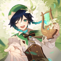 Rule 34 | 1boy, androgynous, beret, black hair, blue hair, blurry, blurry background, blurry foreground, blush, bow, braid, brooch, cape, collared cape, collared shirt, commentary request, corset, dutch angle, flower, frilled sleeves, frills, gem, genshin impact, gradient hair, green cape, green eyes, green hat, hair flower, hair ornament, hat, hat flower, highres, holding, holding instrument, instrument, jewelry, leaf, long sleeves, looking at viewer, lyre, male focus, maomi233, multicolored hair, one eye closed, open mouth, reaching, reaching towards viewer, shirt, short hair with long locks, side braids, sidelocks, smile, solo, teeth, twin braids, upper teeth only, venti (genshin impact), vision (genshin impact), white flower, white shirt
