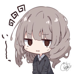 Rule 34 | 1girl, @ @, beni shake, black sweater, brown eyes, brown hair, chibi, collared shirt, commentary request, dress shirt, looking at viewer, original, ribbed sweater, shirt, signature, simple background, solo, squiggle, sweater, upper body, white background, white shirt