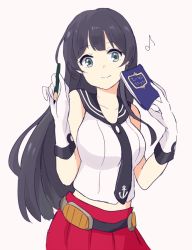 Rule 34 | 10s, 1girl, agano (kancolle), bad id, bad pixiv id, black hair, blue eyes, gloves, kantai collection, kise (swimmt), long hair, musical note, necktie, note, pen, quaver, simple background, smile, solo, uniform, white background