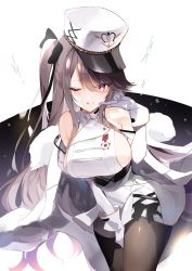 Rule 34 | 1girl, azur lane, bare shoulders, between legs, black pantyhose, black ribbon, breasts, coat, dress, fur-trimmed coat, fur trim, gloves, hair between eyes, hair ribbon, hand between legs, hand up, hat, heart, heart-shaped pupils, highres, hoerutarou, large breasts, leaning forward, leaning to the side, licking lips, long hair, looking at viewer, one eye closed, pamiat merkuria (azur lane), pantyhose, peaked cap, retrofit (azur lane), ribbon, sideboob, signature, simple background, skindentation, sleeveless, sleeveless dress, solo, swept bangs, symbol-shaped pupils, thick thighs, thighs, tongue, tongue out, white background, white coat, white dress, white gloves, wide hips